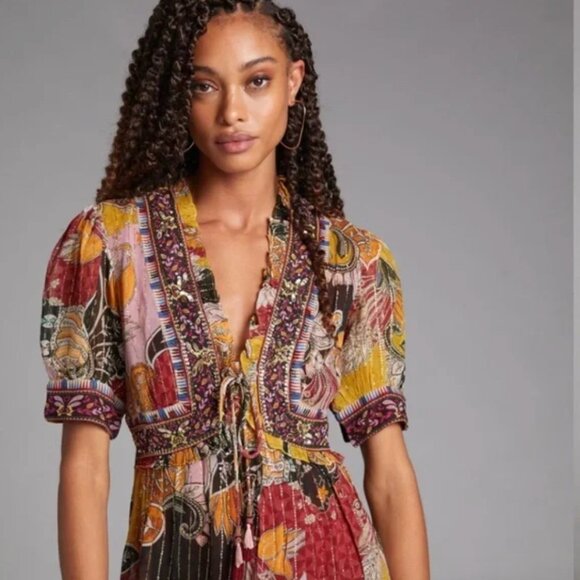 Anthropologie Verb Pallavi Singhee Beaded Shimmer Mini Dress Boho Romance Size S - Picture 7 of 16